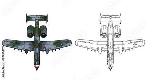 WWII Fighter Plane Top View Comparison with Color and Line Art Technical Drawings Illustration