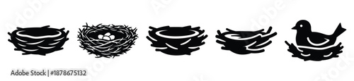 bird nest silhouette vector icon set, black color and white background