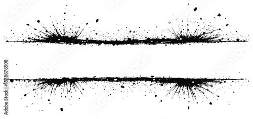  High-contrast abstract art featuring twin horizontal ink splatters with radiating spikes and scattered droplets. Versatile for graphic design, backgrounds, banners