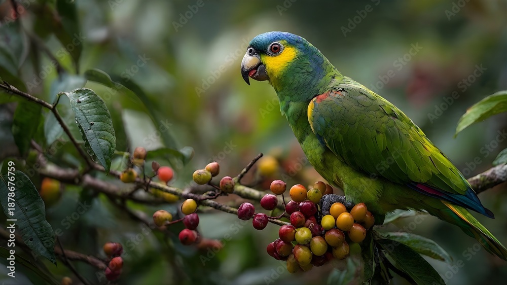 Obraz premium A colorful parrot eating fresh fruit on a tree branch, dense rainforest background, rich green tones
