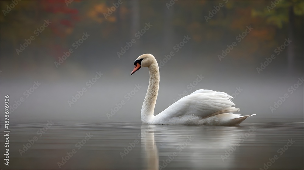 Fototapeta premium A white swan swimming gracefully on a misty lake during morning, soft fog, natural atmosphere