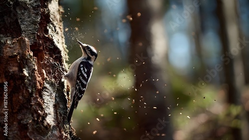 A woodpecker pecking tree bark in the forest, flying wood chips