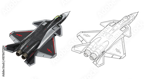 Twin Engine Military Fighter Jet Line Art Illustration for Technical Manuals and Design