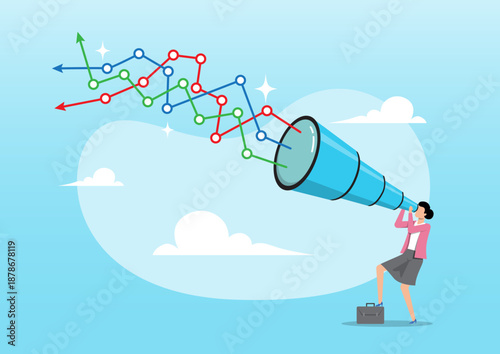 Businesswoman Using Telescope to Analyze Future Data and Market Trends