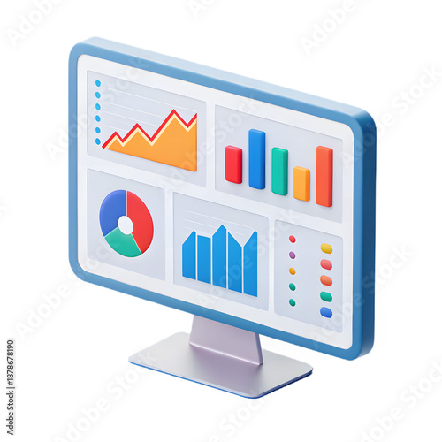A 3D-rendered computer monitor displaying various data analytics visualizations including bar charts, line graphs, pie charts, and color-coded data points.