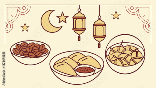 Table with healthy dates fruit and food for Ramzan Mubarak iftar celebration, AI Generated