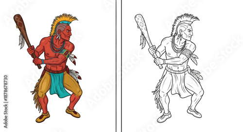 Cartoon Style Native American Warrior Coloring Page Template for Educational Fun
