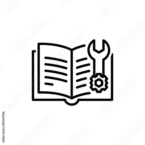 Open book with wrench and gear icon symbolizing technical manuals and maintenance guidance