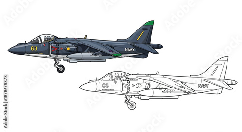 Navy Attack Jets Illustration Set with Full Color and Detailed Technical Line Drawings