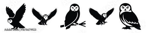 snow owl silhouette vector icon set, black color and white background
