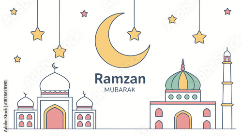 Minimalist moon and mosque icon for Ramzan Mubarak clean greeting card design, AI Generated