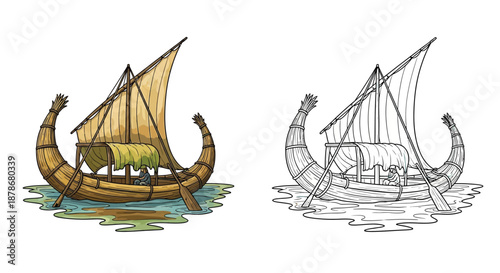 Ancient Papyrus Sailboat on Water Illustration Representing Early Egyptian Maritime Travel