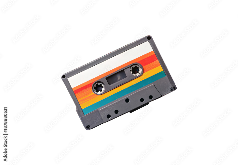 Fototapeta premium Retro cassette tape with rainbow stripes on gray case, isolated on a transparent background
