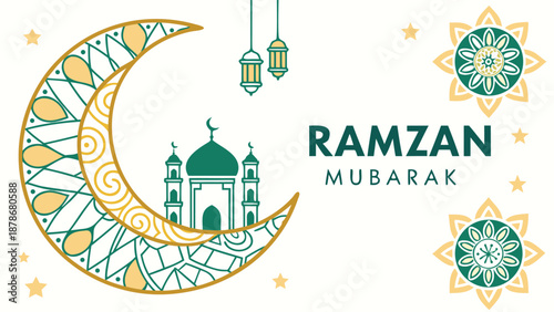 Green and white Ramzan Mubarak greeting with mosque illustration and crescent moon art, AI Generated