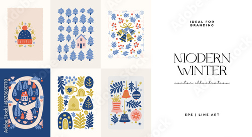 Merry Christmas and Happy New Year illustration. Modern trendy Matisse minimal style. Hand drawn design for wallpaper, wall decor, print, postcard, cover, template, banner.