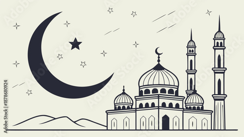 Minimalist mosque silhouette under crescent moon and stars for Ramzan Mubarak card, AI Generated