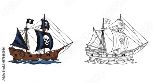 Cartoon Pirate Ship Illustration with Color and Line Art Comparison on Ocean Background