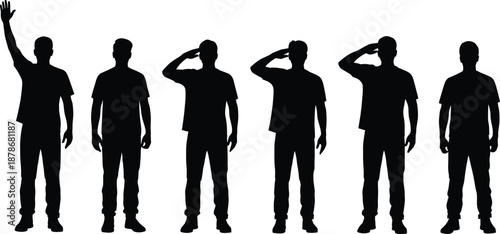 Black vector silhouettes of a man standing in various military poses including saluting and waving his hand on a white background for professional designs