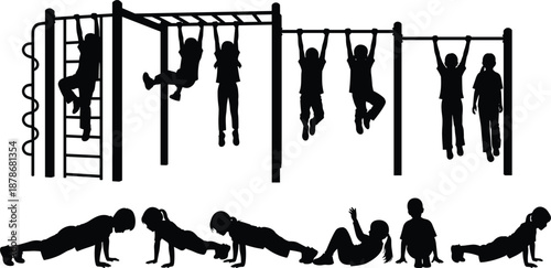 Collection of black silhouettes of active children playing on monkey bars and doing pushups in a playground isolated on white background for health and fitness