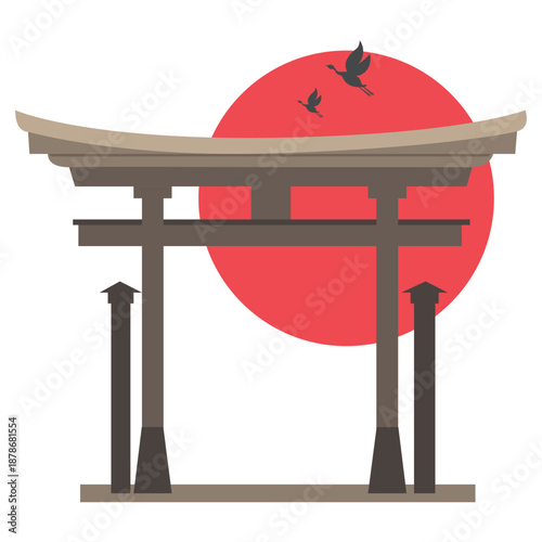 Japanese nature and architecture set featuring temples and trees in flat design. japanese lantern in the garden.