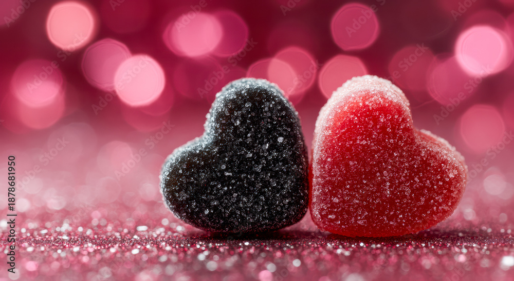 Obraz premium Valentine s Day Candy Hearts Black and Red on Glittery Surface with Bokeh Background