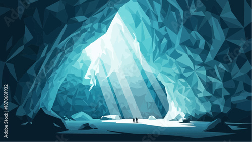 An abstract depiction of an ice cave interior with glowing light beams and two tiny figures