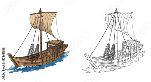 Sailing Boat with Wooden Hull and Fabric Sails Illustration in Color and Line Art Styles