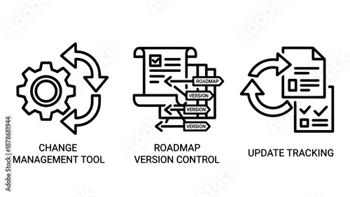 Software project management icons for change management, roadmap version control, and system update tracking.