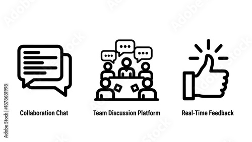 Team communication icons for collaboration chat, discussion platforms, and real-time social feedback.