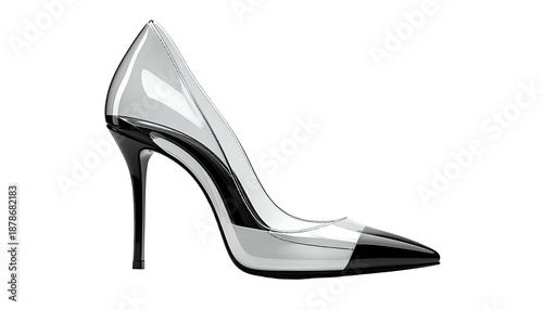 Graphic of a high-heeled shoe in black, white, and clear, with a sleek, pointed toe. The shoe appears glossy and reflective