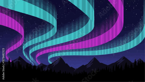 Vibrant aurora borealis illuminates the night sky above a dark silhouetted mountain range landscape creating a stunning visual