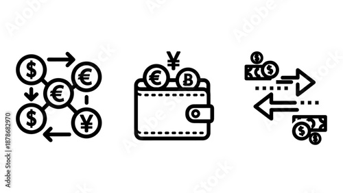 International currency and digital finance icons featuring money network connections, wallet with symbols, and cash exchange arrows