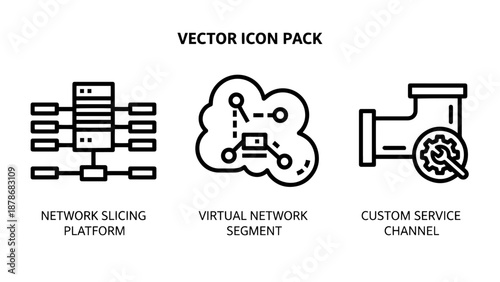Cloud computing and network slicing platform icons depicting virtual network segments and custom service channels for modern IT architecture.
