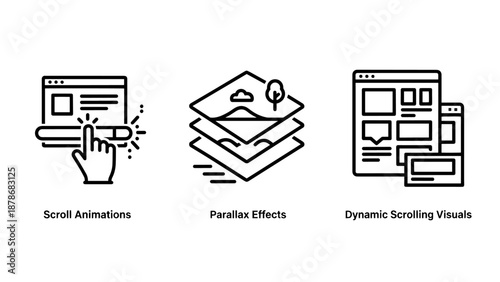 Advanced web design icons illustrating scroll animations, parallax effects, and dynamic scrolling visuals for interactive website user experience.