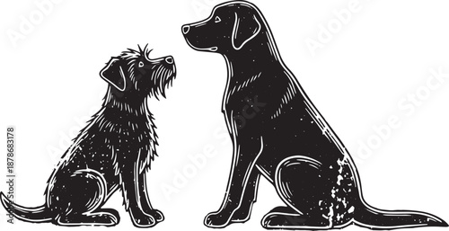 Two Dogs Sitting Together in Silhouette Illustration