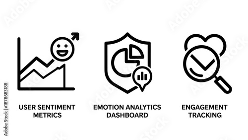 User experience analytics icons for sentiment metrics, emotion dashboard, and customer engagement tracking for marketing data analysis.