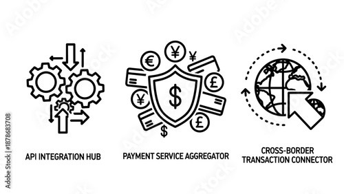 API Integration Hub and Payment Service Aggregator Icons for Global Financial Transactions
