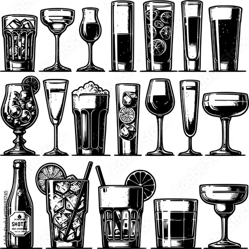 Vector illustration collection of a set of different drinks, including cocktail glasses for a party or restaurant bar icon design