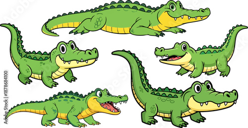 Collection of five happy cartoon alligator illustrations showing different poses of the reptile on white background