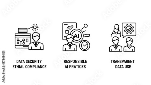 Data Security and Responsible AI Practice Icons for Ethical Compliance and Transparent Data Use