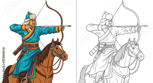 Traditional Horseback Archer Shooting Arrow Comparison of Color and Black White Designs