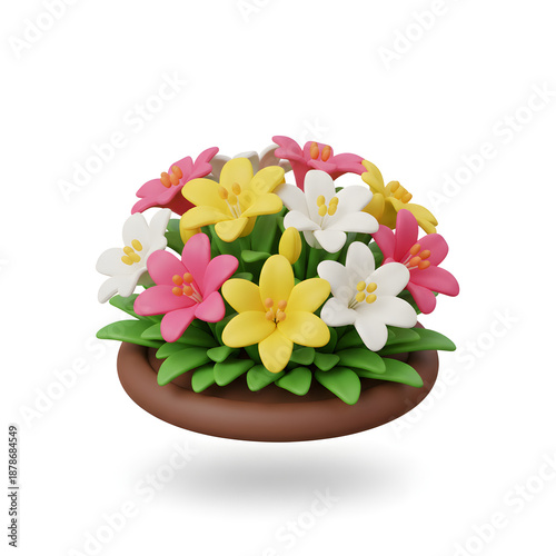 Vibrant colorful flowers in a brown pot on white background