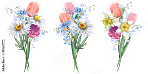 Photos Watercolor daisies, chamomile, tulips, forget-me-nots, and lilies of the valley - a spring bouquet of flowers