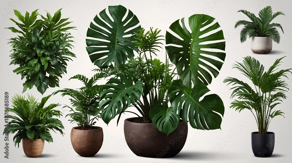 Fototapeta premium A vibrant display of indoor plants showcasing various lush greenery in stylish pots, enhancing modern home decor.
