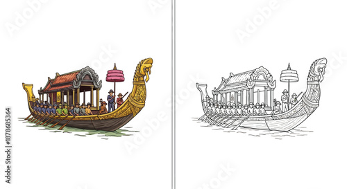 Traditional Dragon Boat Illustration with Line Art and Color Variation Comparison Design