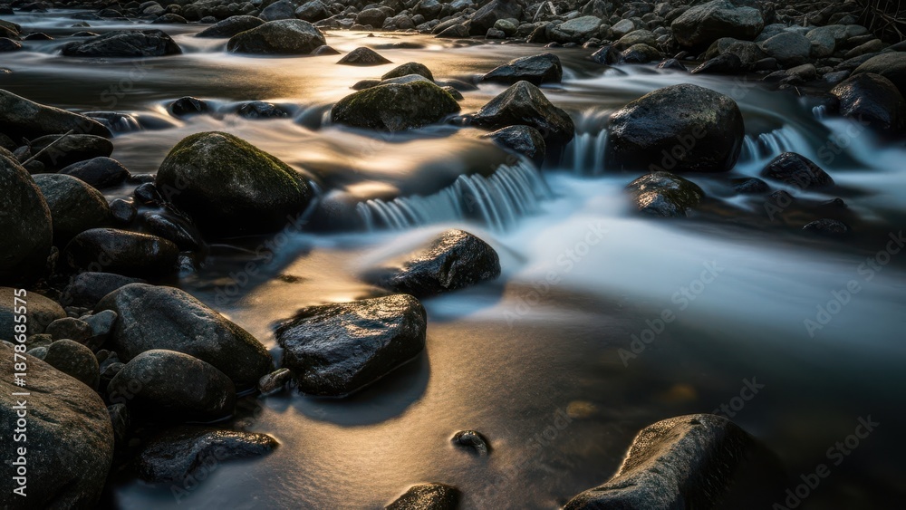 Fototapeta premium Long exposure captures the smooth, silky flow of water cascading over dark, moss-covered river rocks with golden reflections.