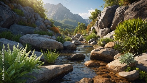 Serene river landscape with lush greenery and majestic mountains in the background.