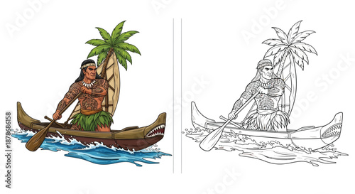Traditional Polynesian Warrior Paddling Outrigger Canoe with Tropical Palm Tree Scenic