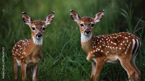 Two adorable fawn siblings standing together in a lush green field, showcasing their spotted coats and curious expressions.