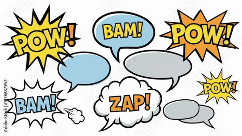comic book style speech bubbles with various onomatopoeic words and empty speech bubbles high quality professional detailed